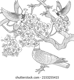 Art therapy coloring page. Dove in vintage style with blossoming cherry branches. Linear engraving art. Romantic concept.
