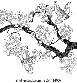 Art therapy coloring page. Dove in vintage style with blossoming cherry branches. Linear engraving art. Romantic concept.
