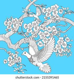 Art therapy coloring page. Dove in vintage style with blossoming cherry branches. Linear engraving art. Romantic concept.
