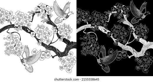 Art therapy coloring page. Dove in vintage style with blossoming cherry branches. Linear engraving art. Romantic concept.
