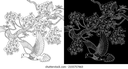 Art therapy coloring page. Dove in vintage style with blossoming cherry branches. Linear engraving art. Romantic concept.
