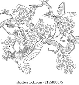 Art therapy coloring page. Dove in vintage style with blossoming cherry branches. Linear engraving art. Romantic concept.
