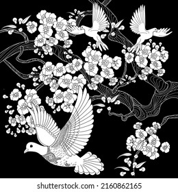 Art therapy coloring page. Dove in vintage style with blossoming cherry branches. Linear engraving art. Romantic concept.
