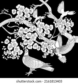 Art therapy coloring page. Dove in vintage style with blossoming cherry branches. Linear engraving art. Romantic concept.
