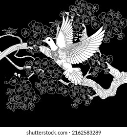 Art therapy coloring page. Dove in vintage style with blossoming cherry branches. Linear engraving art. Romantic concept.
