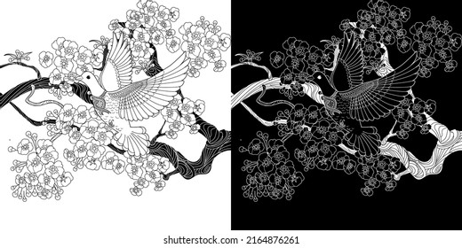 Art therapy coloring page. Dove in vintage style with blossoming cherry branches. Linear engraving art. Romantic concept.
