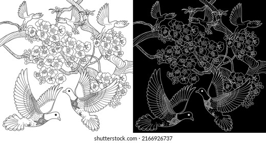 Art therapy coloring page. Dove in vintage style with blossoming cherry branches. Linear engraving art. Romantic concept.
