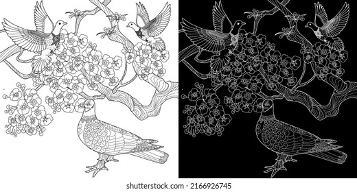 Art therapy coloring page. Dove in vintage style with blossoming cherry branches. Linear engraving art. Romantic concept.
