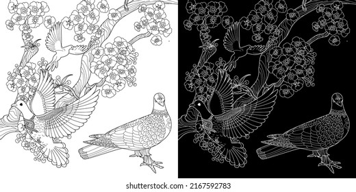 Art therapy coloring page. Dove in vintage style with blossoming cherry branches. Linear engraving art. Romantic concept.
