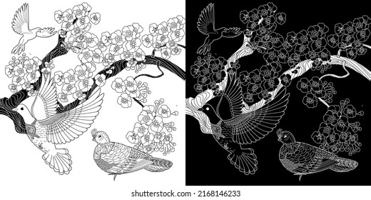 Art therapy coloring page. Dove in vintage style with blossoming cherry branches. Linear engraving art. Romantic concept.

