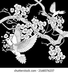 Art therapy coloring page. Dove in vintage style with blossoming cherry branches. Linear engraving art. Romantic concept.
