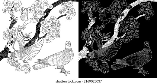 Art therapy coloring page. Dove in vintage style with blossoming cherry branches. Linear engraving art. Romantic concept.
