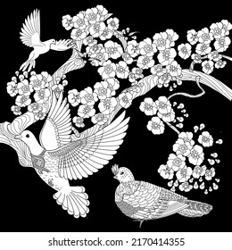 Art therapy coloring page. Dove in vintage style with blossoming cherry branches. Linear engraving art. Romantic concept.
