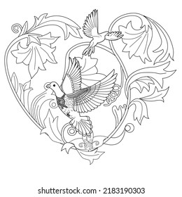 Art therapy coloring page. Dove in vintage style. Вove is a symbol of peace. Linear engraving art. Romantic concept. Antistress freehand sketch drawing.