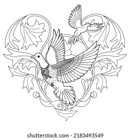 Art therapy coloring page. Dove in vintage style. Вove is a symbol of peace. Linear engraving art. Romantic concept. Antistress freehand sketch drawing.