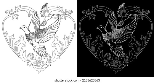 Art therapy coloring page. Dove in vintage style. Вove is a symbol of peace. Linear engraving art. Romantic concept. Antistress freehand sketch drawing.