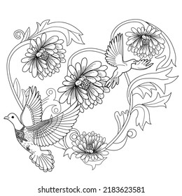 Art therapy coloring page. Dove in vintage style. Вove is a symbol of peace. Linear engraving art. Romantic concept. Antistress freehand sketch drawing.