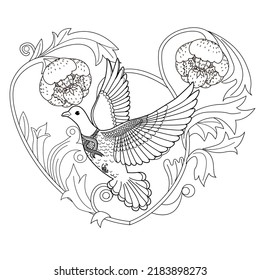 Art therapy coloring page. Dove in vintage style. Вove is a symbol of peace. Linear engraving art. Romantic concept. Antistress freehand sketch drawing.