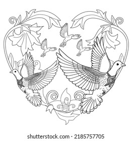 Art therapy coloring page. Dove in vintage style. Вove is a symbol of peace. Linear engraving art. Romantic concept. Antistress freehand sketch drawing.
