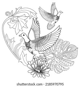 Art therapy coloring page. Dove in vintage style. Вove is a symbol of peace. Linear engraving art. Romantic concept. Antistress freehand sketch drawing.
