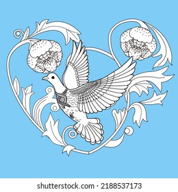 Art therapy coloring page. Dove in vintage style. Вove is a symbol of peace. Linear engraving art. Romantic concept. Antistress freehand sketch drawing.
