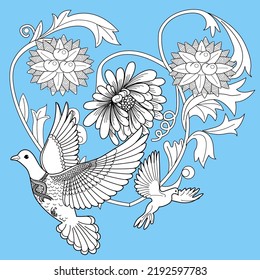 Art therapy coloring page. Dove in vintage style. Вove is a symbol of peace. Linear engraving art. Romantic concept. Antistress freehand sketch drawing.
