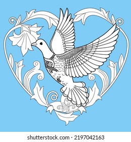Art therapy coloring page. Dove in vintage style. Вove is a symbol of peace. Linear engraving art. Romantic concept. Antistress freehand sketch drawing.