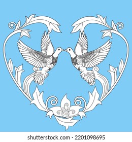 Art therapy coloring page. Dove in vintage style. Вove is a symbol of peace. Linear engraving art. Romantic concept. Antistress freehand sketch drawing.