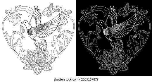 Art therapy coloring page. Dove in vintage style. Вove is a symbol of peace. Linear engraving art. Romantic concept. Antistress freehand sketch drawing.
