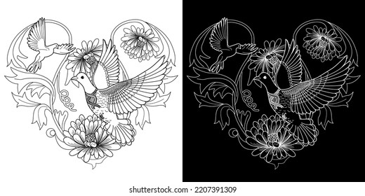 Art therapy coloring page. Dove in vintage style. Вove is a symbol of peace. Linear engraving art. Romantic concept. Antistress freehand sketch drawing.

