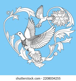 Art therapy coloring page. Dove in vintage style. Вove is a symbol of peace. Linear engraving art. Romantic concept. Antistress freehand sketch drawing.
