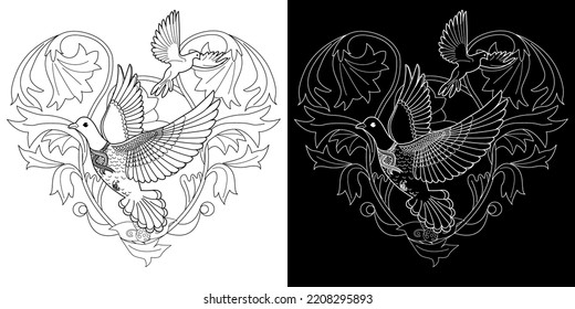 Art therapy coloring page. Dove in vintage style. Вove is a symbol of peace. Linear engraving art. Romantic concept. Antistress freehand sketch drawing.
