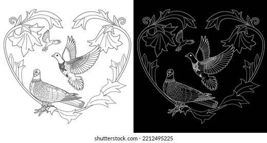Art therapy coloring page. Dove in vintage style. Вove is a symbol of peace. Linear engraving art. Romantic concept. Antistress freehand sketch drawing.
