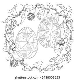 Art therapy coloring page. An Easter egg and an outline image of flowers creates a festive mood. Colouring pictures for adults and children. 
