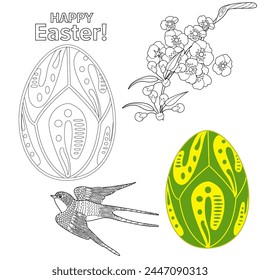 Art therapy coloring page. An Easter egg and an outline image of flowers creates a festive mood. Colouring pictures for adults and children. 