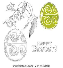 Art therapy coloring page. An Easter egg and an outline image of flowers creates a festive mood. Colouring pictures for adults and children. 