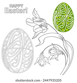 Página para colorear de terapia artística. Un huevo de Pascua y un contorno de Imagen de flores crean un sentimiento festivo. Dibujos para colorear para adultos y niños. 