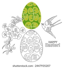 Art therapy coloring page. An Easter egg and an outline image of flowers creates a festive mood. Colouring pictures for adults and children. 