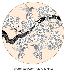 Art therapy coloring page. Hummingbird in vintage style with blossoming cherry branches. Linear engraving art. Romantic concept.