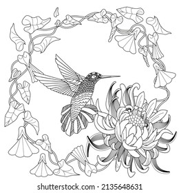 Art therapy coloring page. Hummingbird hand drawn in vintage style with flowers. Linear engraving art. Romantic concept.