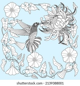 Art therapy coloring page. Hummingbird hand drawn in vintage style with flowers. Linear engraving art. Romantic concept.
