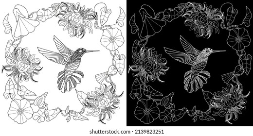 Art therapy coloring page. Hummingbird hand drawn in vintage style with flowers. Linear engraving art. Romantic concept.
