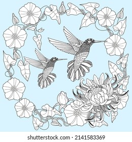 Art therapy coloring page. Hummingbird hand drawn in vintage style with flowers. Linear engraving art. Romantic concept.
