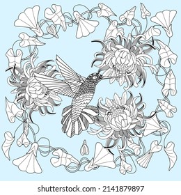 Art therapy coloring page. Hummingbird hand drawn in vintage style with flowers. Linear engraving art. Romantic concept.
