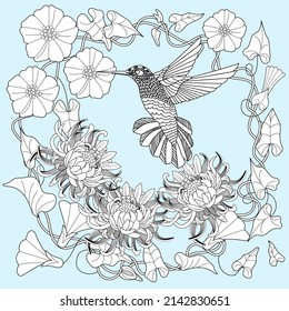 Art therapy coloring page. Hummingbird hand drawn in vintage style with flowers. Linear engraving art. Romantic concept.
