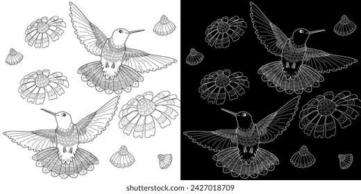 Art therapy coloring page. Hummingbird  with flowers in vintage style. Linear engraving art. Romantic concept.