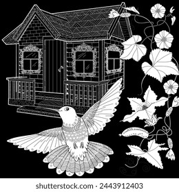 Art therapy coloring page. Hummingbird and house in vintage style. Linear engraving art. Romantic concept.
