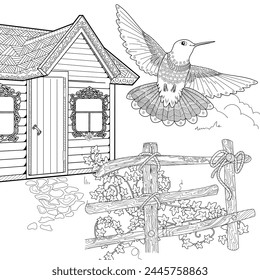 Art therapy coloring page. Hummingbird and house in vintage style. Linear engraving art. Romantic concept.
