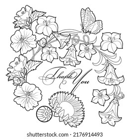 Art therapy coloring page. Linear image of flowers. The pictures are perfect for creating cards, stickers, wallpapers and other projects.