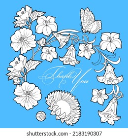 Art therapy coloring page. Linear image of flowers. The pictures are perfect for creating cards, stickers, wallpapers and other projects.